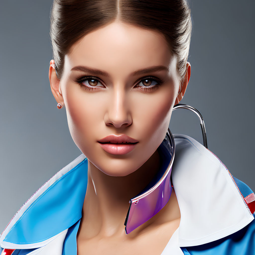 Digital artwork of woman with sleek hair in futuristic jacket & visor