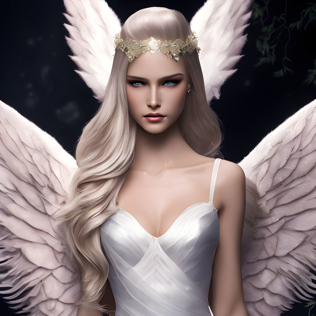 Digital illustration of woman with long blonde hair, blue eyes, angel wings, white dress, golden head