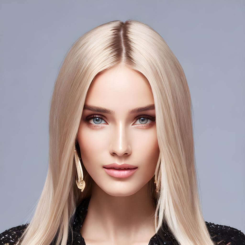Blonde Woman with Blue Eyes and Gold Earrings on Gray Background