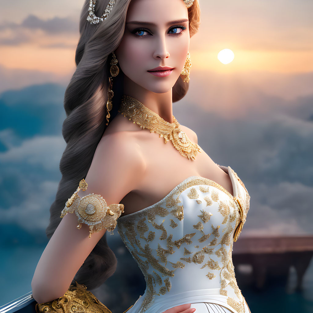 Digital artwork of woman in gold-adorned white dress against sunset sky