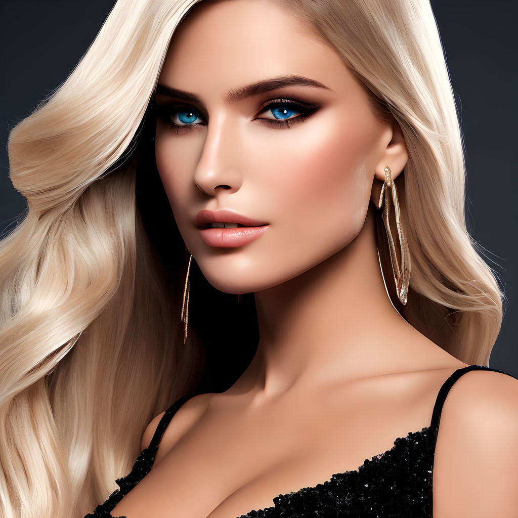 Woman with Blue Eyes and Blonde Hair in Gold Earrings on Dark Background