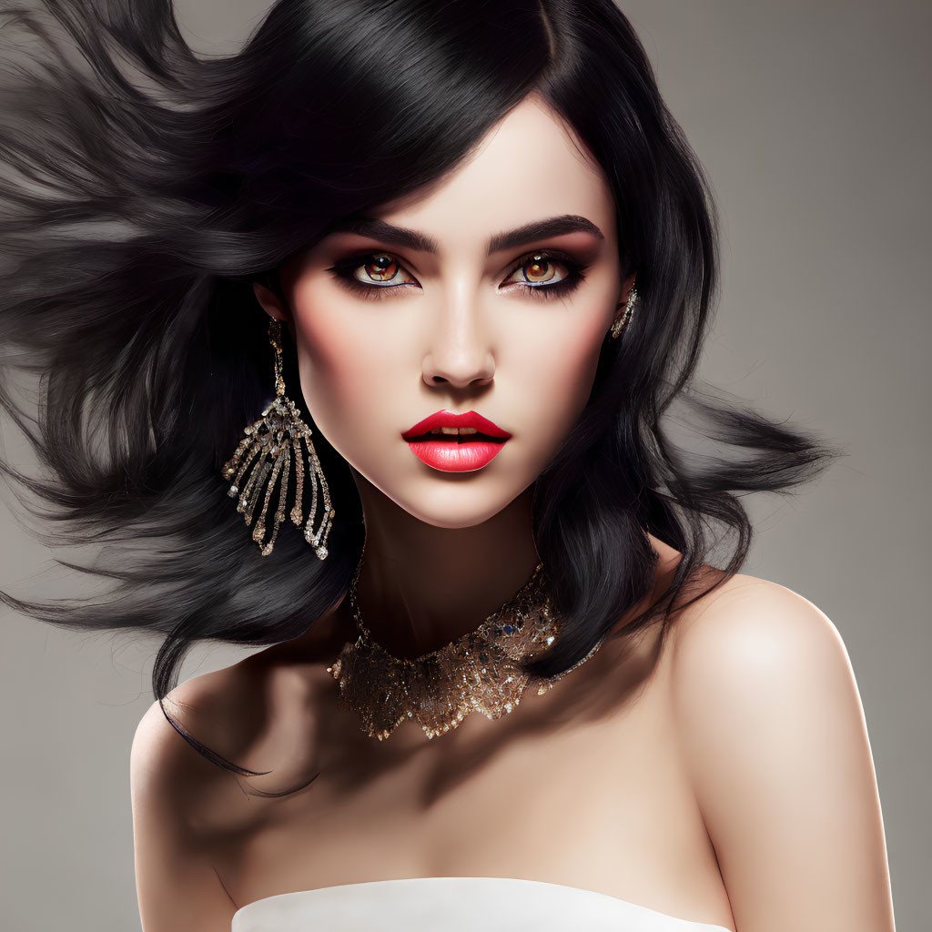Woman with Striking Makeup, Dark Hair, Red Lipstick, Gold Earrings, and Necklace