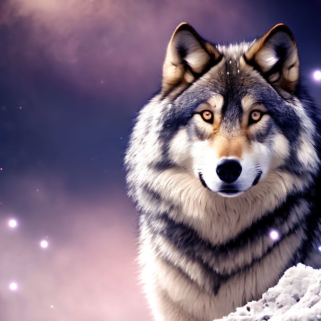 Majestic wolf under mystical purple sky