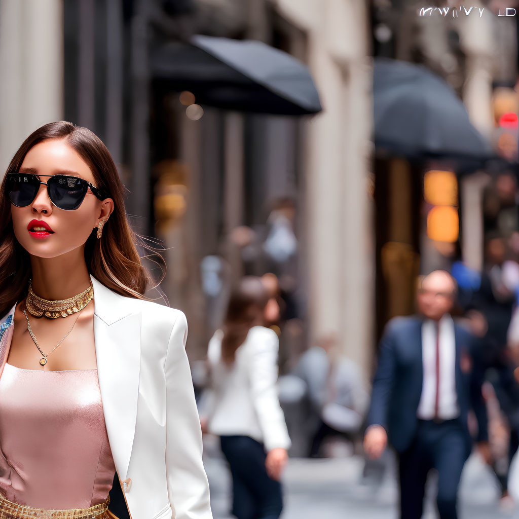 Confident woman in white blazer and sunglasses on busy city street