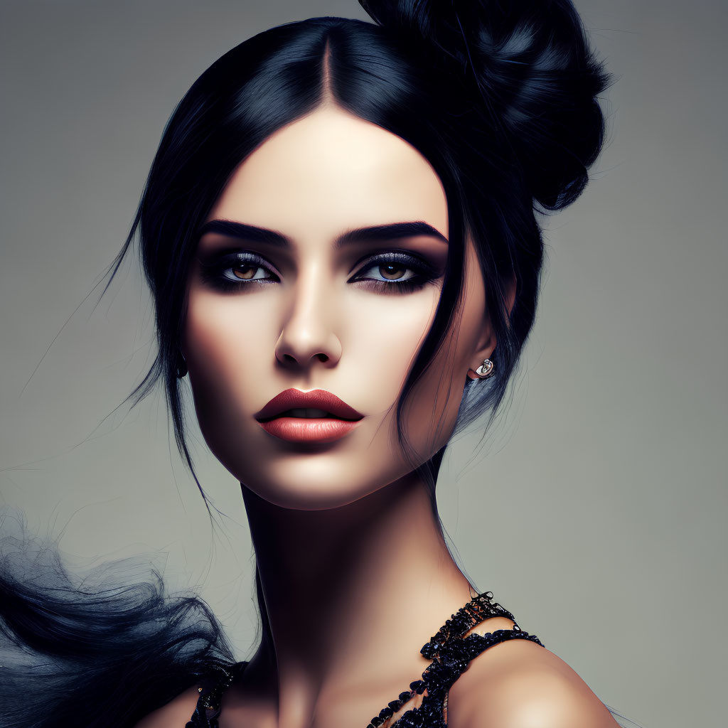 Elegant updo and smoky eyes makeup on woman against gray background