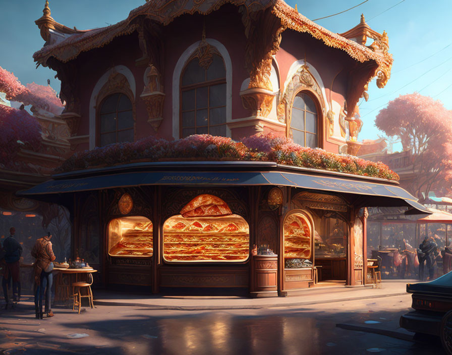 Fantasy-inspired bakery with golden warm bread in traditional autumnal setting