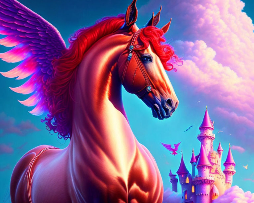 Winged red horse with flowing mane at pink castle under blue sky