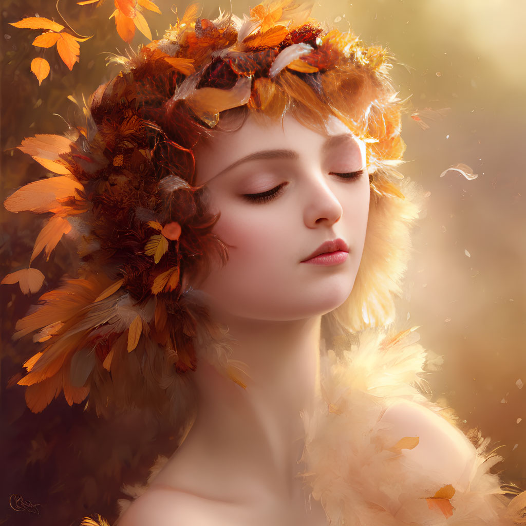 Young woman with autumn leaves and feathers headdress in golden light