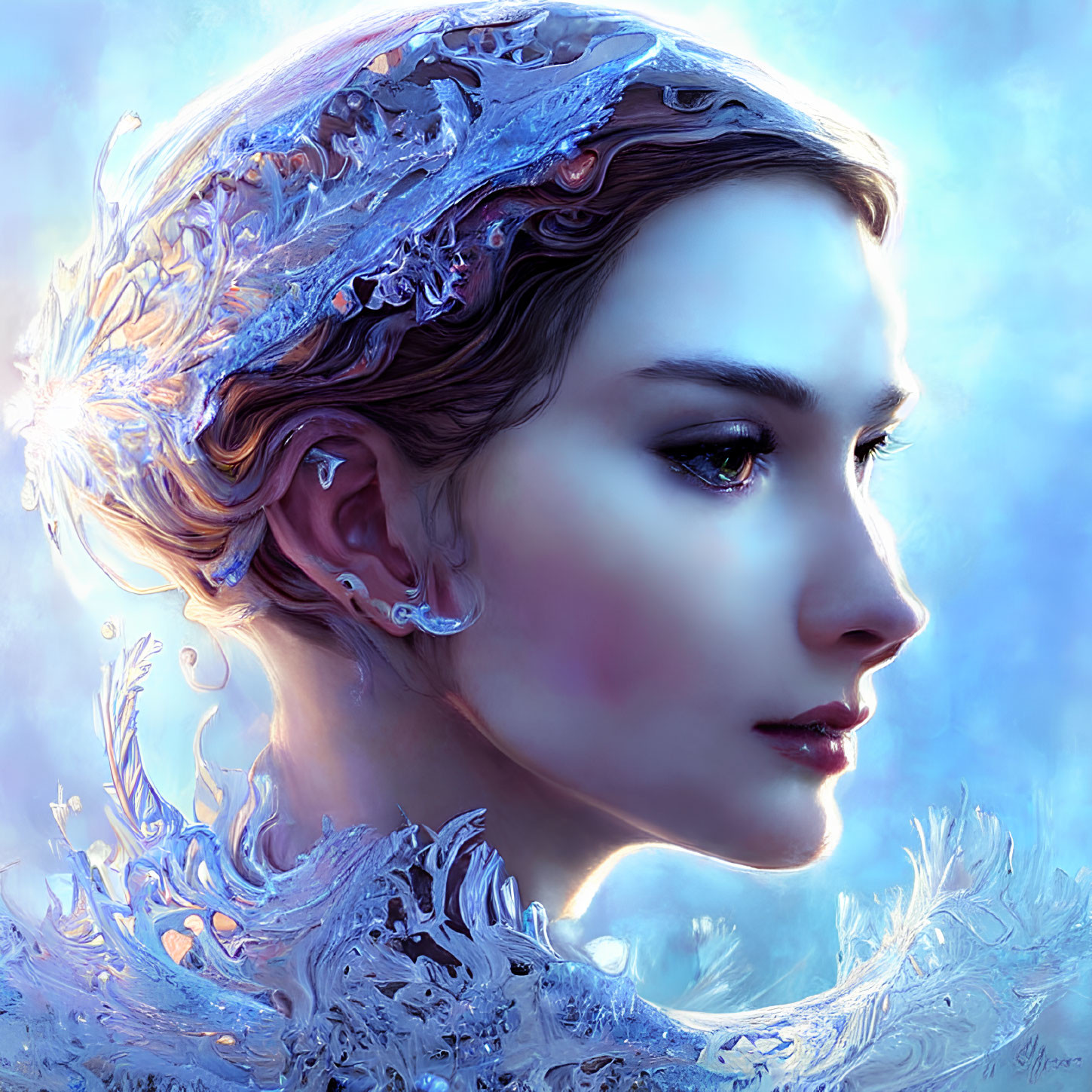 Digital Artwork: Woman with Ice-Crystal Crown and Frosty Adornments