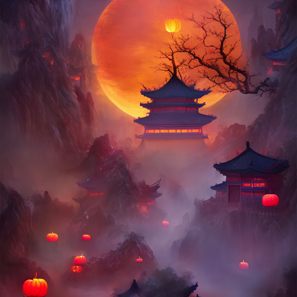 Traditional Asian pagodas in misty mountains under a giant red moon with glowing red lanterns.