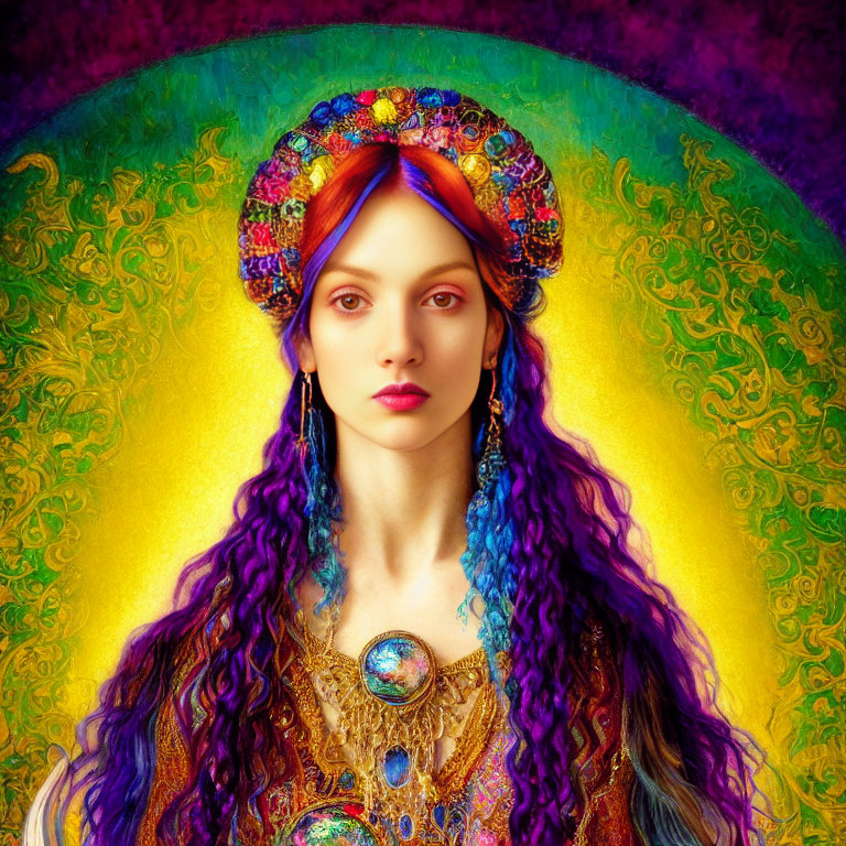 Violet-Blue Haired Woman in Colorful Headdress and Ornate Clothing