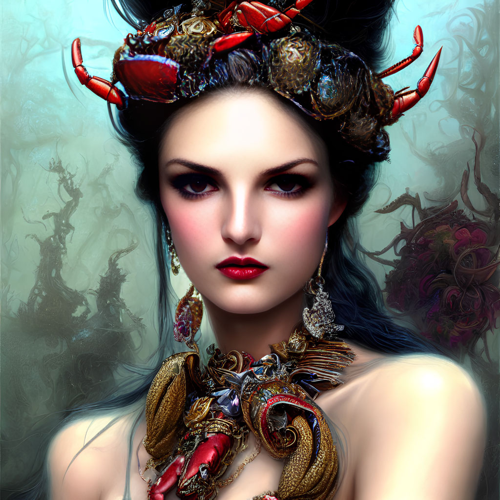 Dark-haired woman with intricate sea creature jewelry in mystical forest.