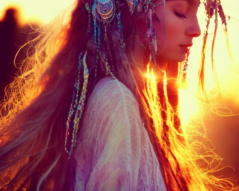 Bohemian woman with long hair in warm sunset light