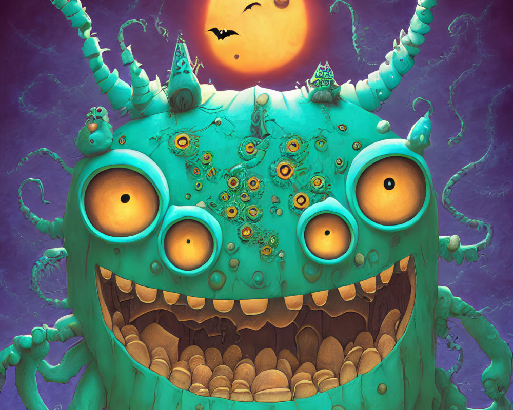 Illustration of multi-eyed green monster under spooky moonlit sky