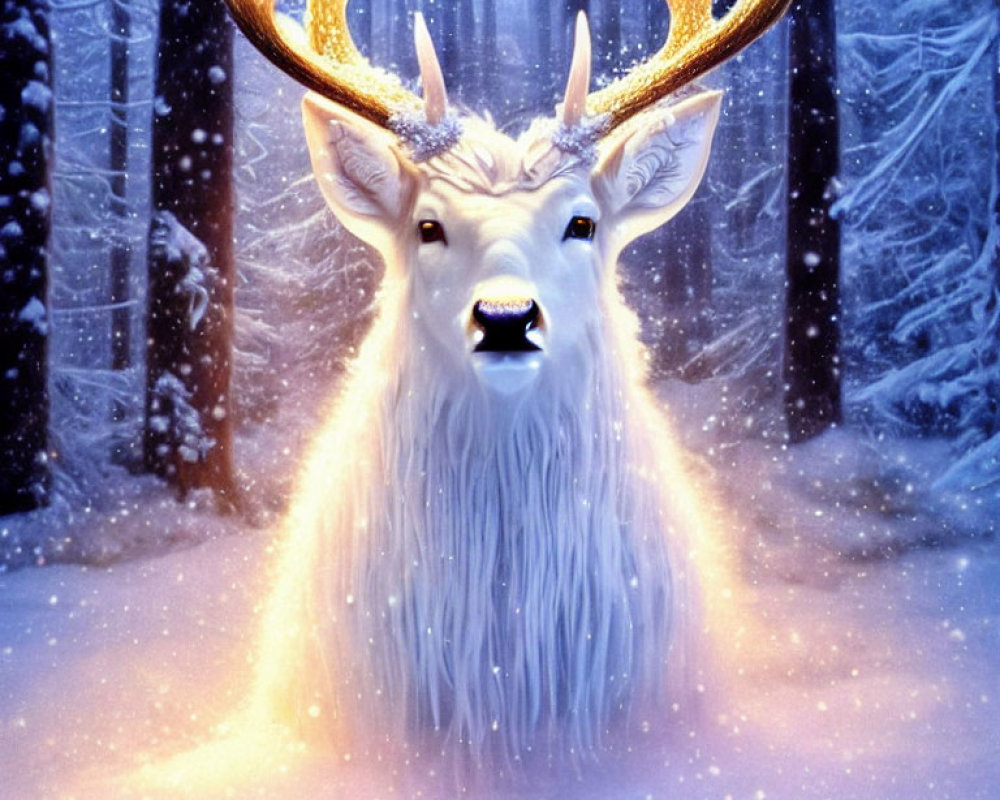 White Stag with Golden Antlers in Snowy Twilight Forest