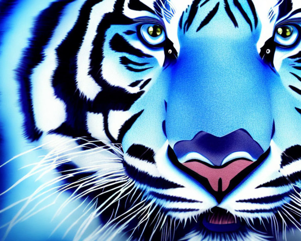 Detailed White Tiger Illustration with Blue Hues and Yellow Eyes