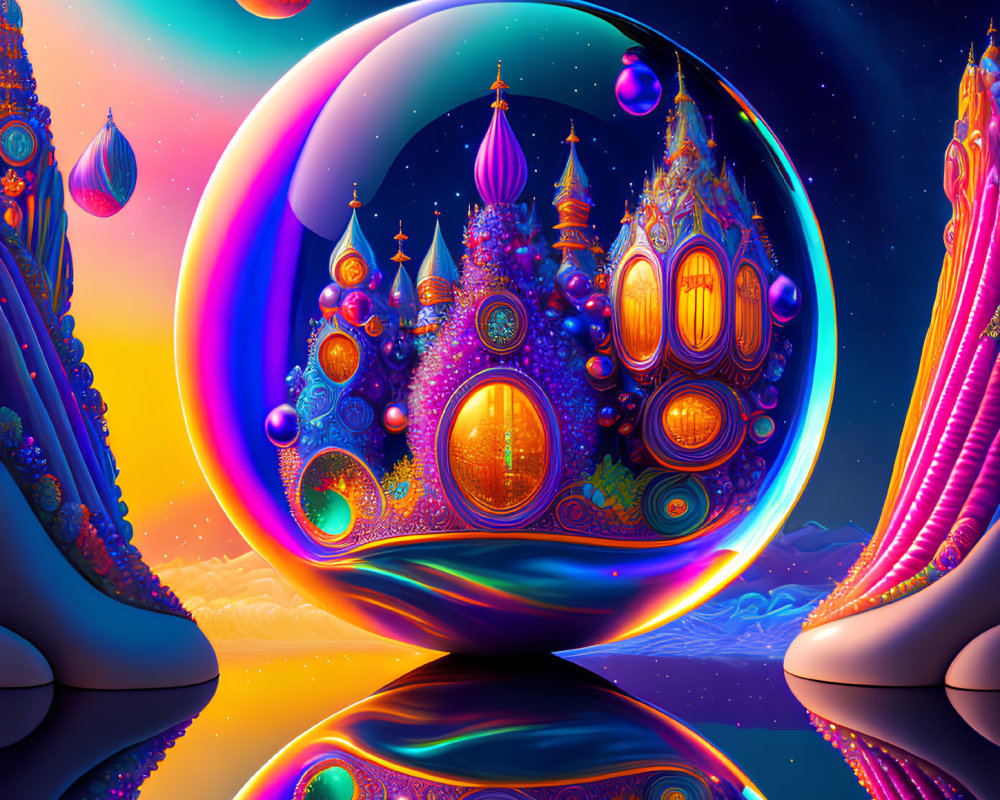 Colorful psychedelic artwork: fantastical landscape, onion-domed structures, orbs, reflective surfaces, lumin