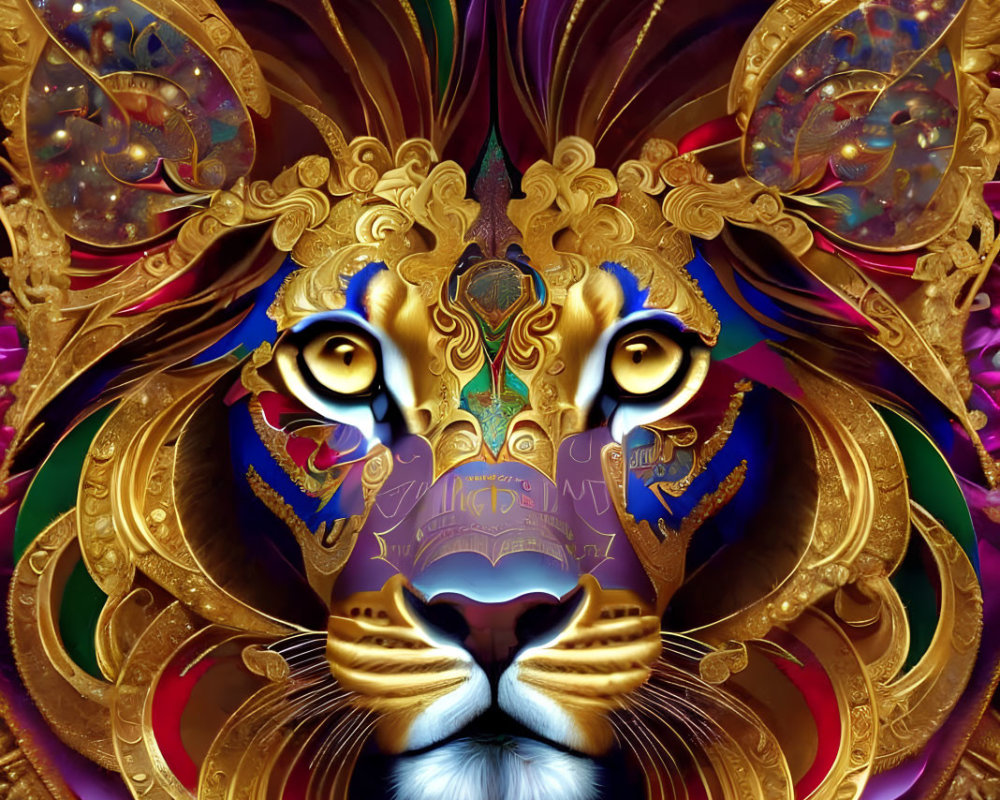 Symmetrical lion digital artwork with ornate, colorful patterns