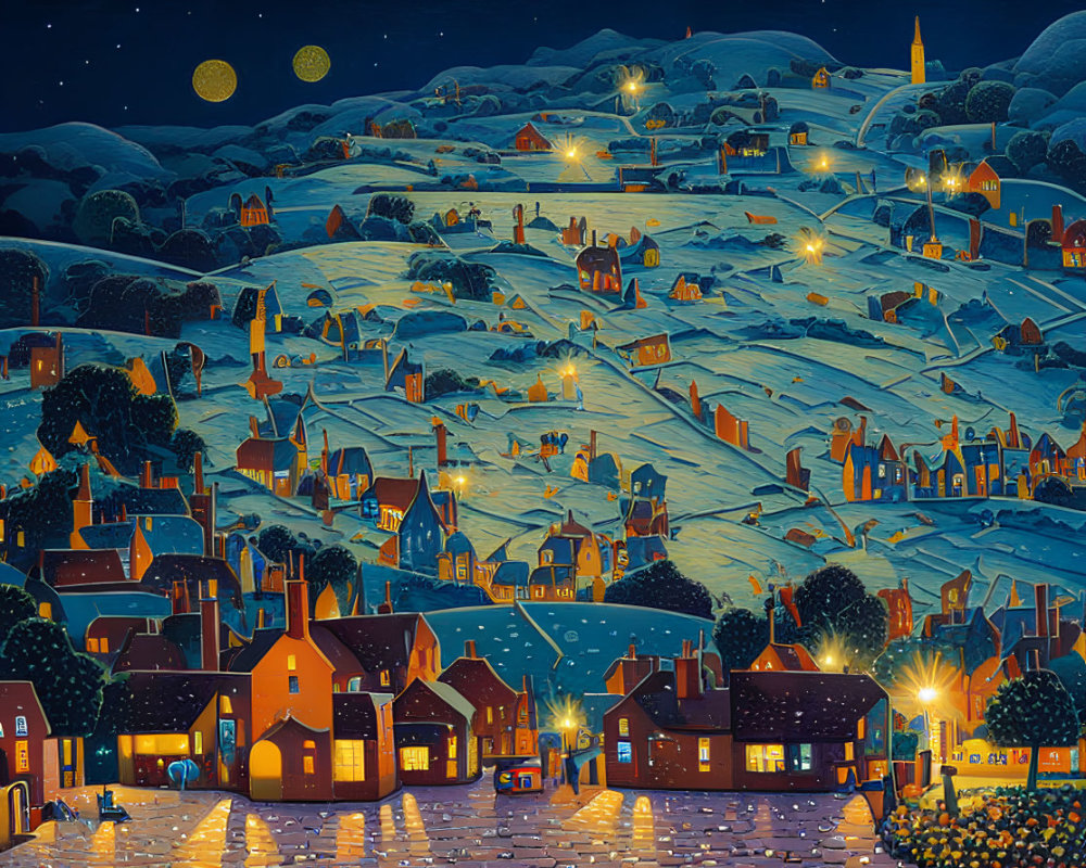 Starry night village scene with lighthouse, moon, and snow-covered hills