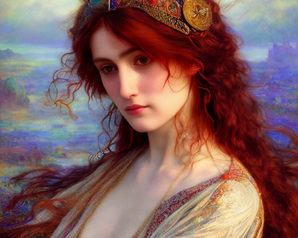 Red-haired woman with jeweled headband in sheer garment against misty landscape