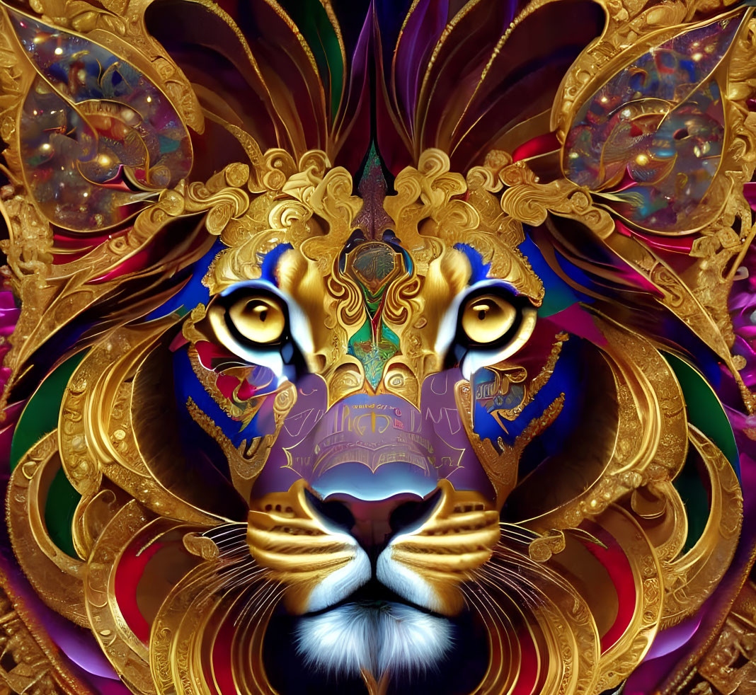 Symmetrical lion digital artwork with ornate, colorful patterns