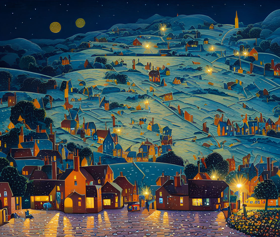 Starry night village scene with lighthouse, moon, and snow-covered hills