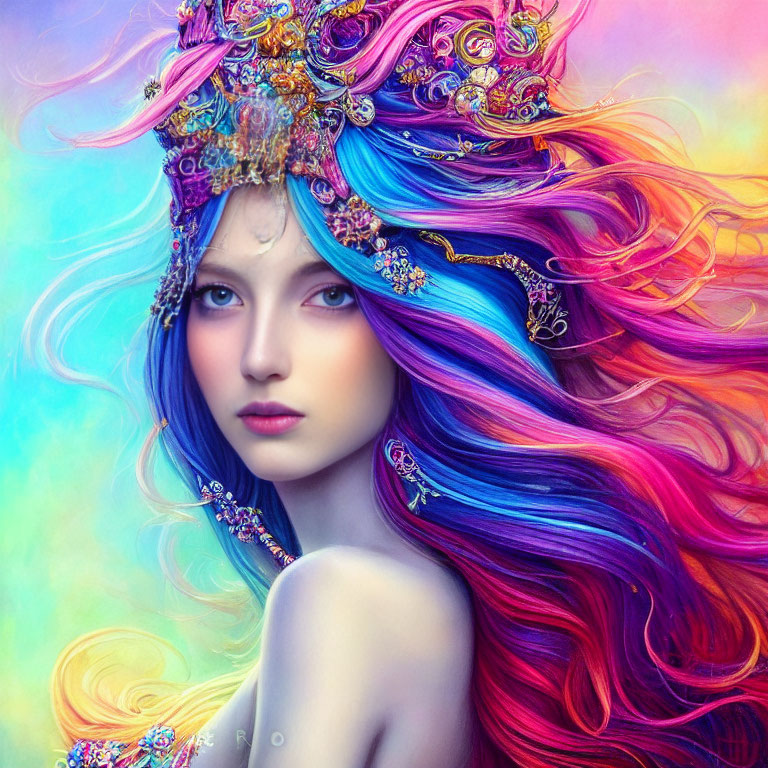 Colorful illustration of a woman with multicolored hair and ornate headpiece