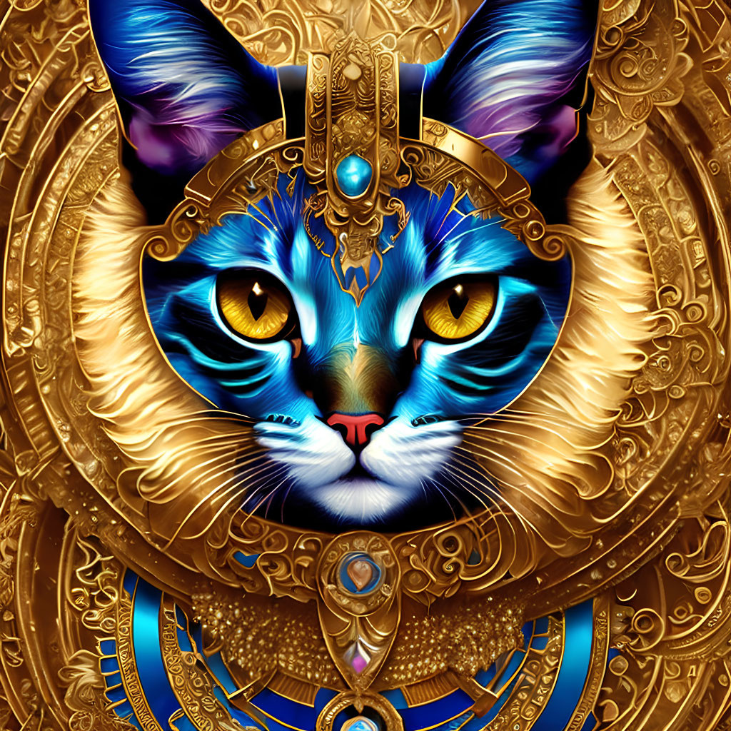 Colorful Stylized Cat Face with Egyptian Motifs