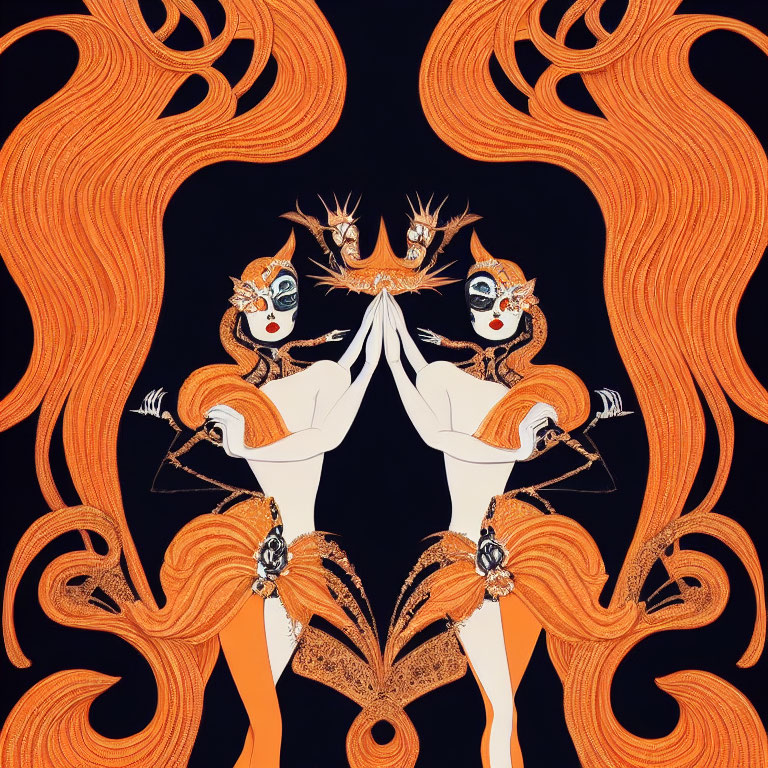 Symmetrical fox mask figures with archery bow in ornate orange patterns