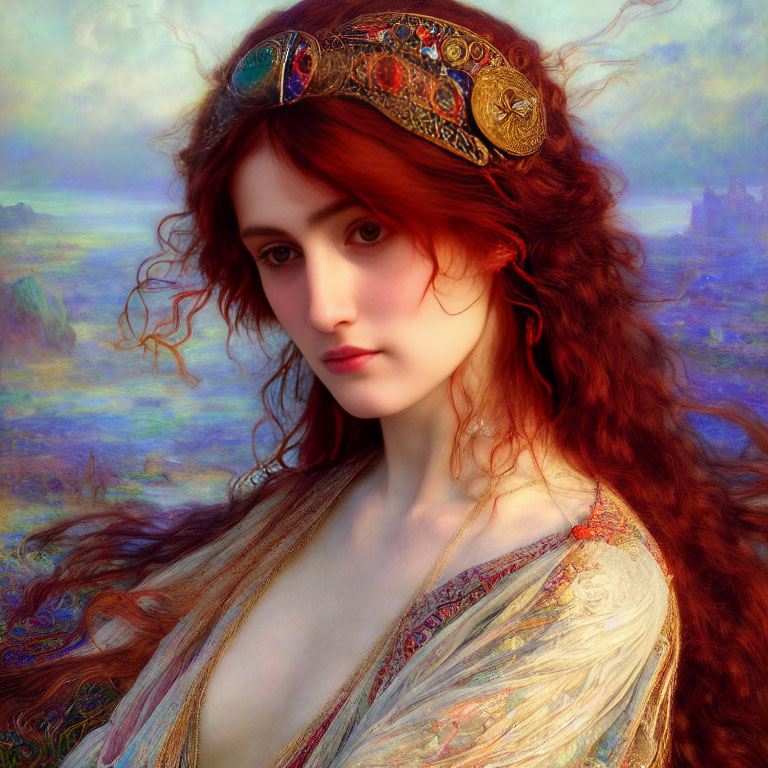 Red-haired woman with jeweled headband in sheer garment against misty landscape