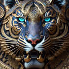 Detailed blue-eyed tiger with golden patterns and adornments