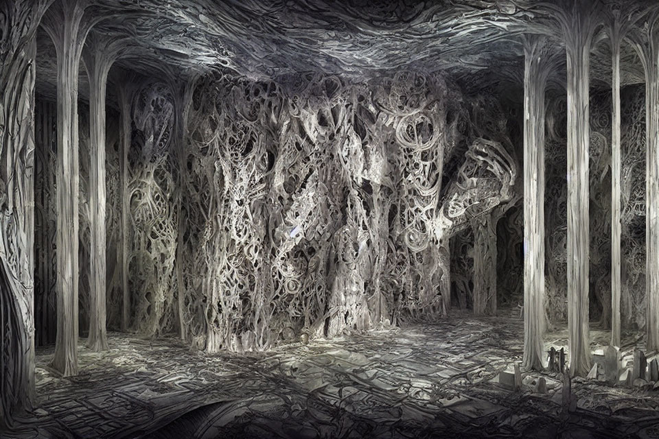 Gothic cavern with intricate web-like structures for a haunted atmosphere