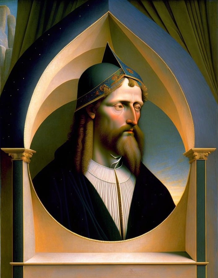 Medieval man portrait in regal attire with ornate headdress and arch frame