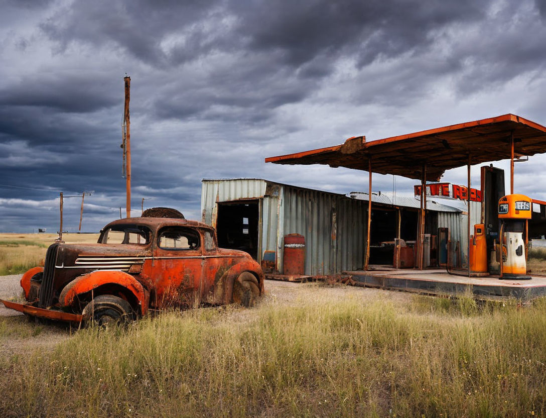 Abandoned gas station with vintage car under cloudy sky