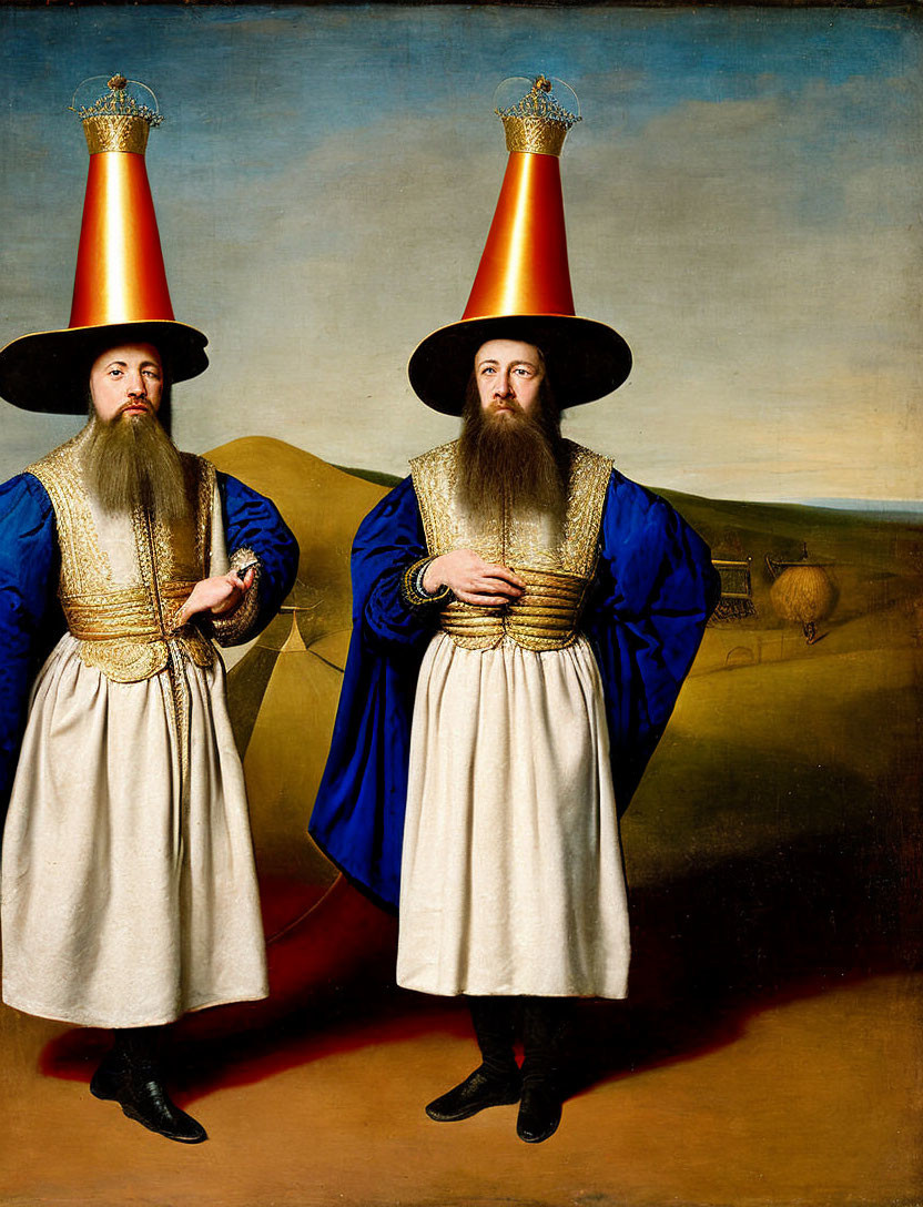 Traditional Ottoman attire: Two men in red fez hats and long beards against landscape.