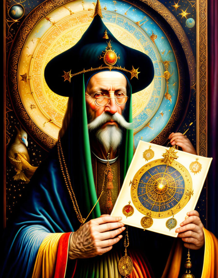 Wizard with astrolabe in celestial-themed attire against starry backdrop