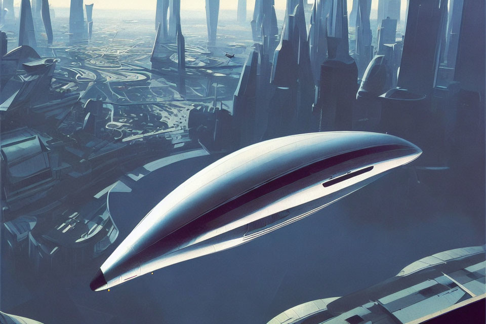 Futuristic spacecraft above advanced cityscape with skyscrapers