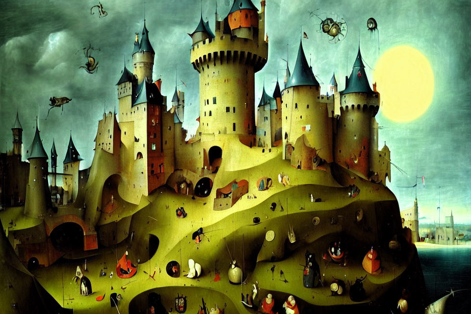 Fantastical landscape with large castle, rolling hills, flying ships, and whimsical creatures