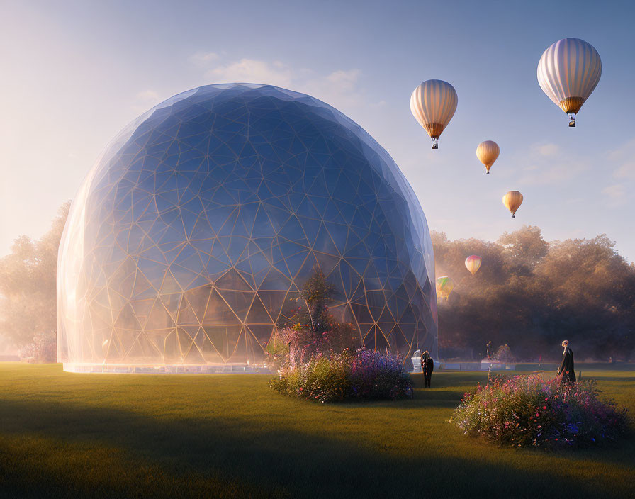 Futuristic dome with geometric pattern in lush garden at sunset