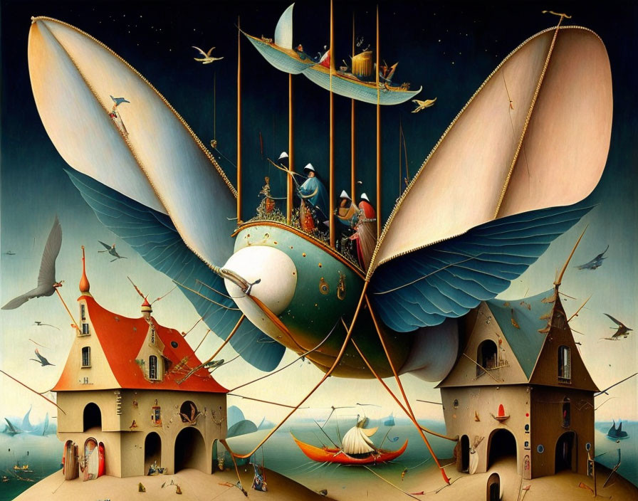 Surreal artwork of giant fish with structures, birds, and people.