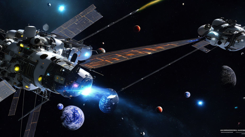Spacecraft with Solar Panels Surrounded by Planets and Asteroids