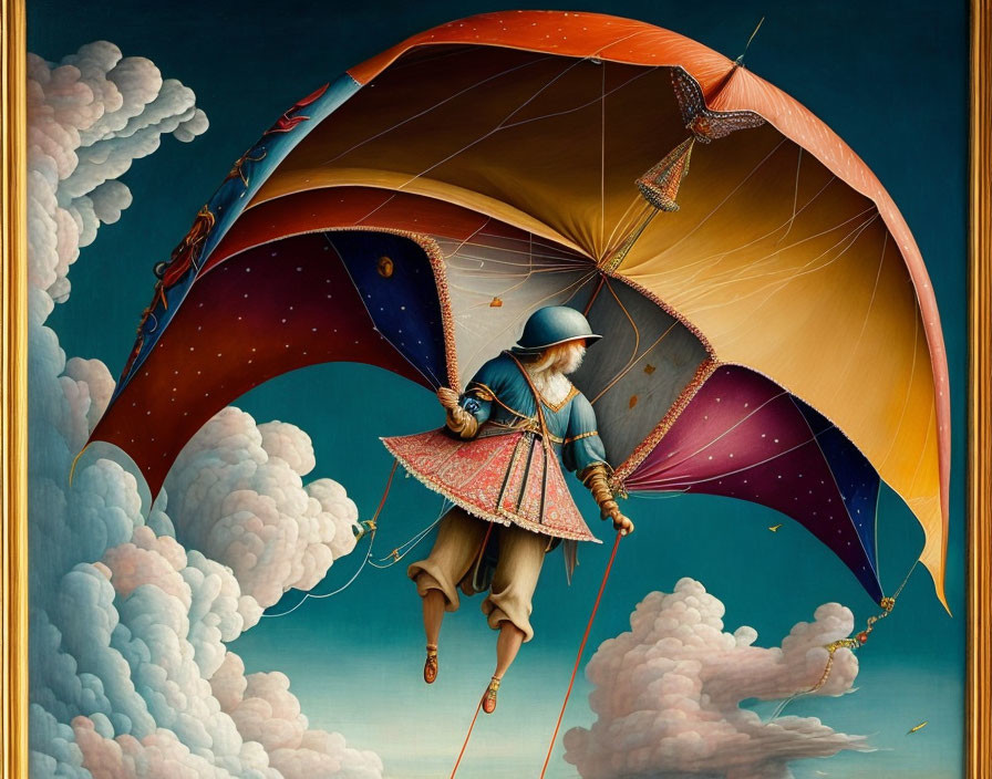 Colorful parachuted person floating in sky with clouds.