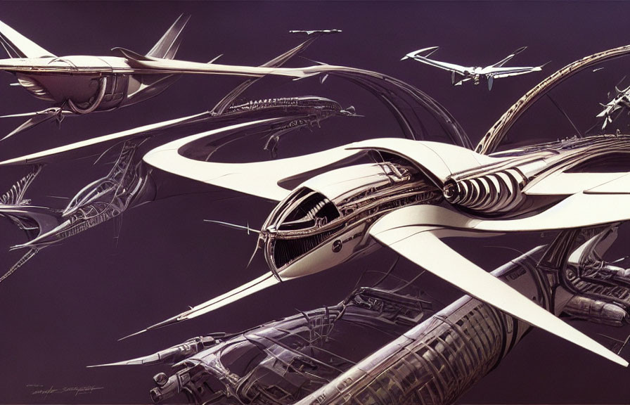 Sleek futuristic transportation hub with intertwined roads & flying vehicles