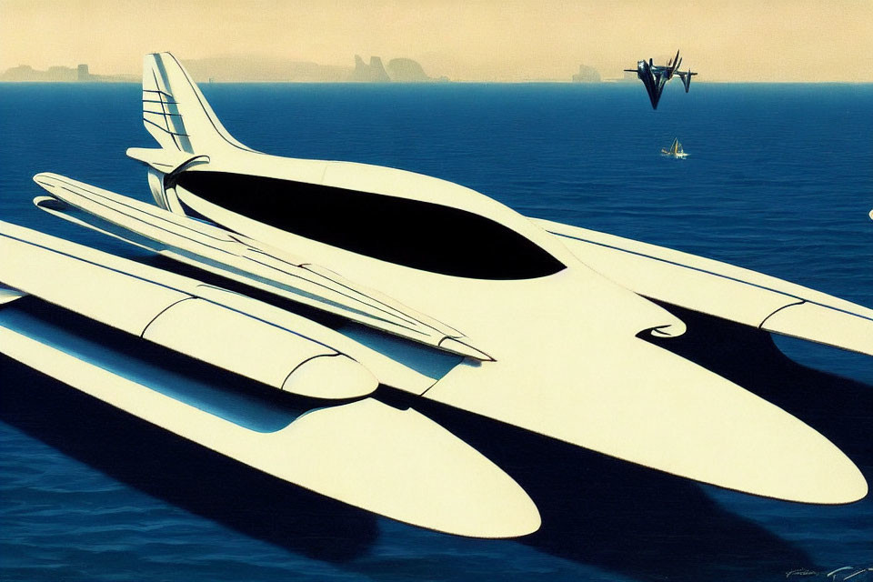 White Futuristic Airplane Flying Low Over Blue Water with City Skyline and Another Aircraft Above