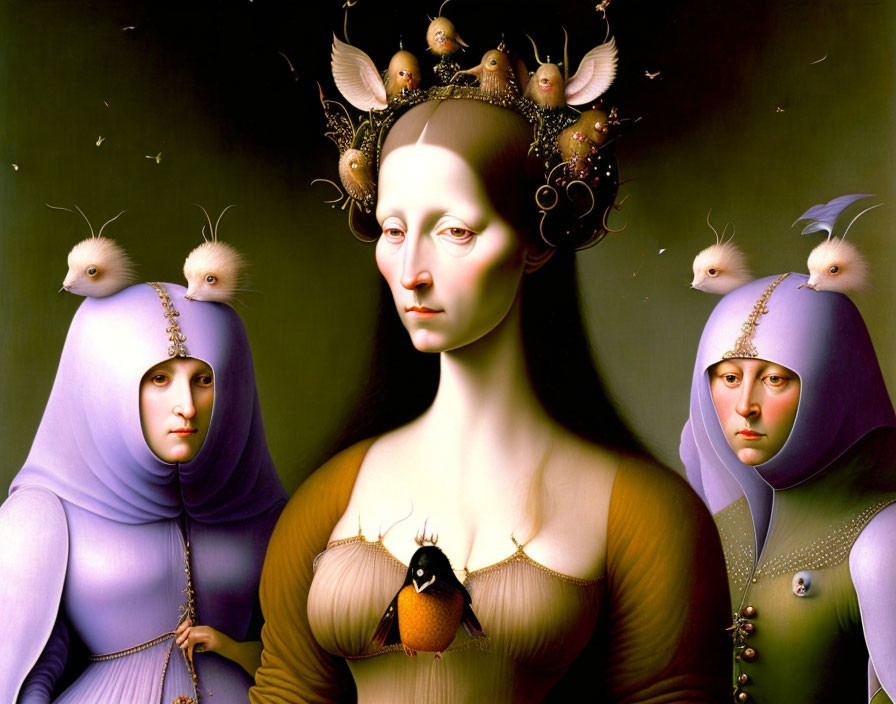 Surreal Classical Painting of Three Figures with Bird-Like Elements