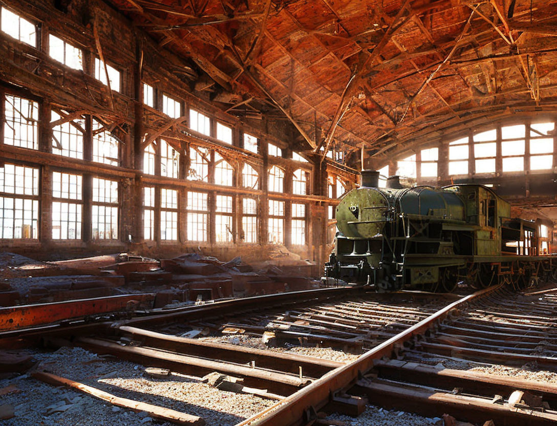 Vintage steam locomotive in abandoned industrial building
