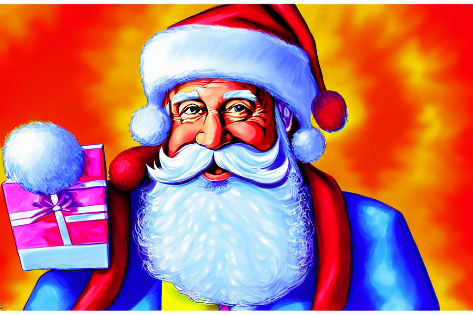 Vibrant Santa Claus illustration with white beard and red hat holding pink gift