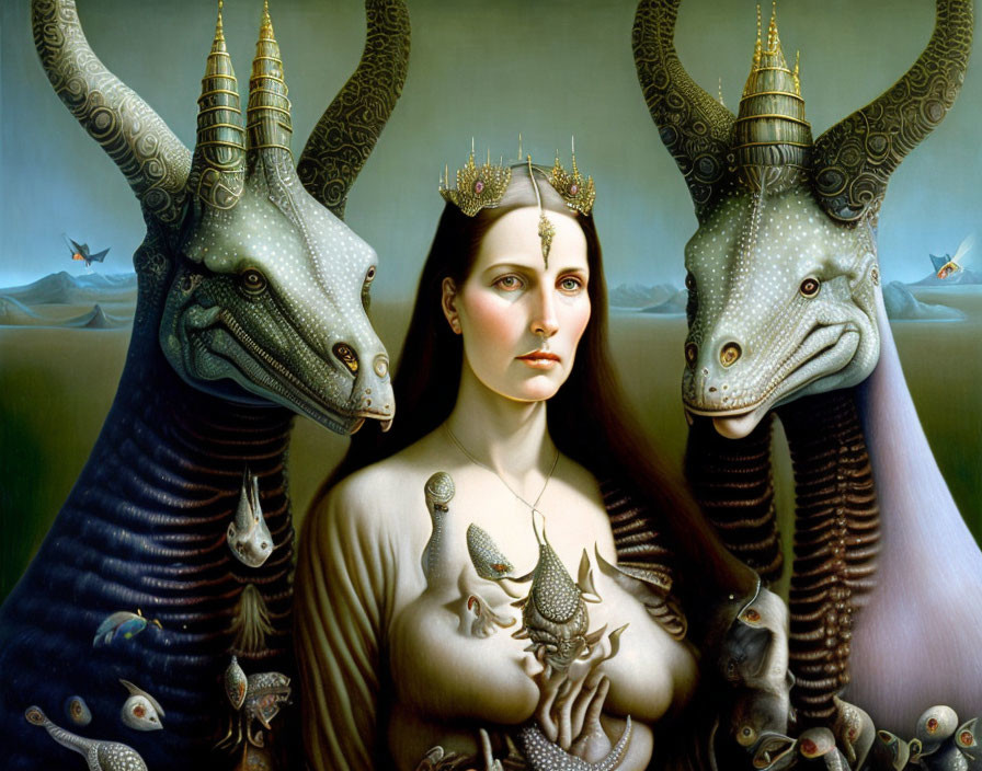 Surreal portrait of woman with crown, reptilian creatures, birds, and fish motifs