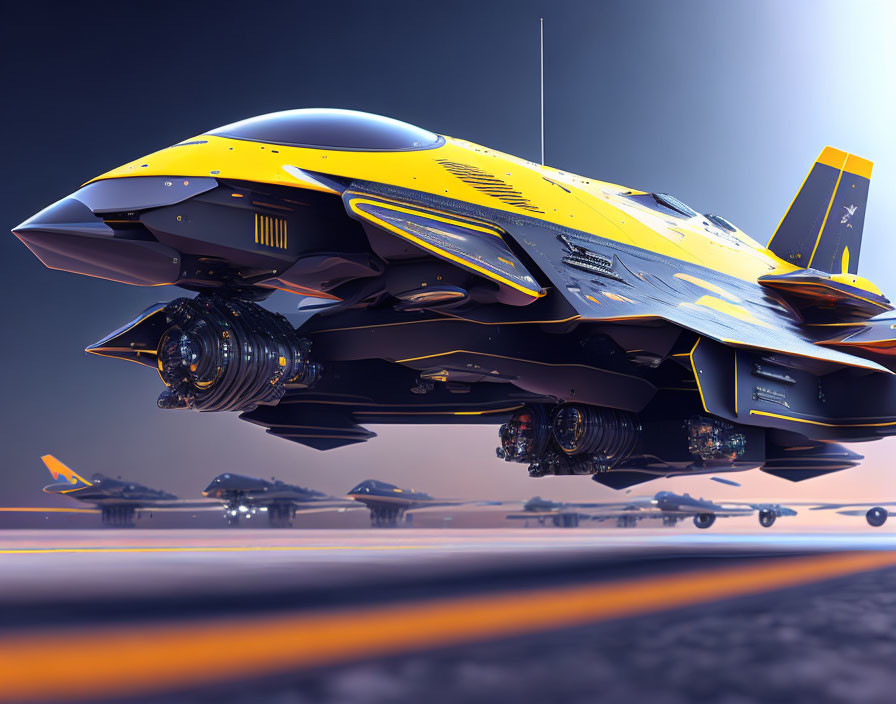 Yellow and Black Futuristic Spaceship on Dusky Runway with Aircraft Silhouettes