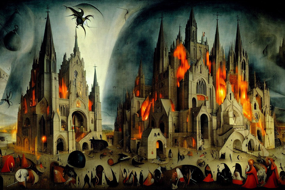 Panoramic View of Burning Gothic Cathedrals and Fantastical Creatures